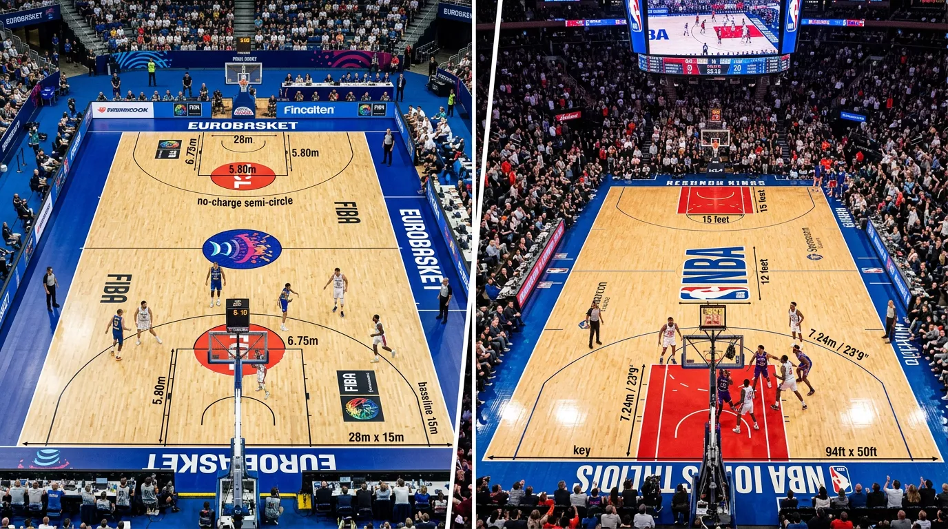 Dos canchas de baloncesto comparadas mostrando las diferencias de tamaño entre una pista ACB y una NBA