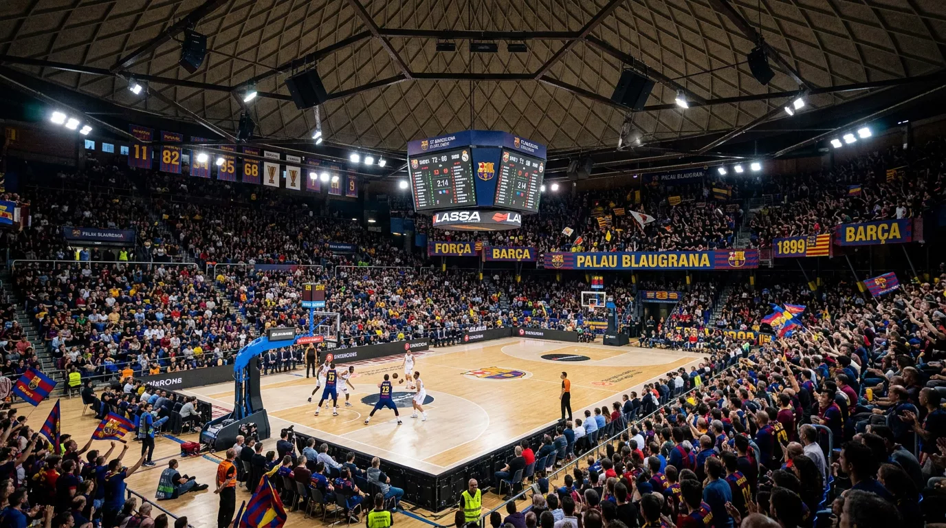 Interior del Palau Blaugrana durante un partido de baloncesto del Barcelona con aficionados en las gradas