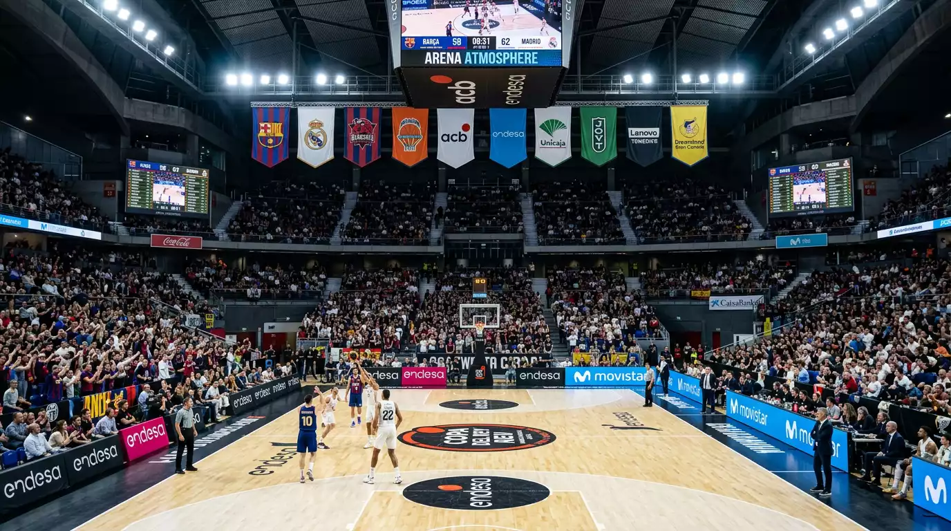 Pabellón de baloncesto preparado para la Copa del Rey ACB con banderas de equipos y cancha iluminada