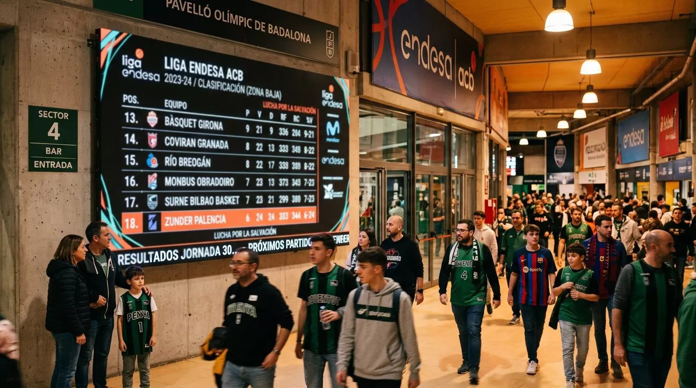 Clasificación de la Liga Endesa ACB mostrando los equipos en la zona baja de la tabla