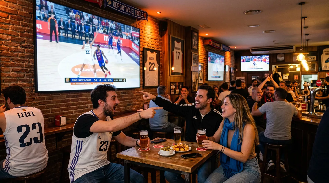 Aficionados siguiendo un partido de baloncesto de la ACB en directo en una pantalla de un local