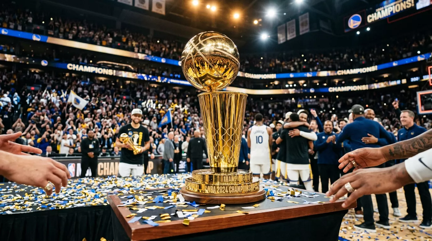 Trofeo de campeón de la Liga Endesa ACB sobre una mesa con confeti alrededor