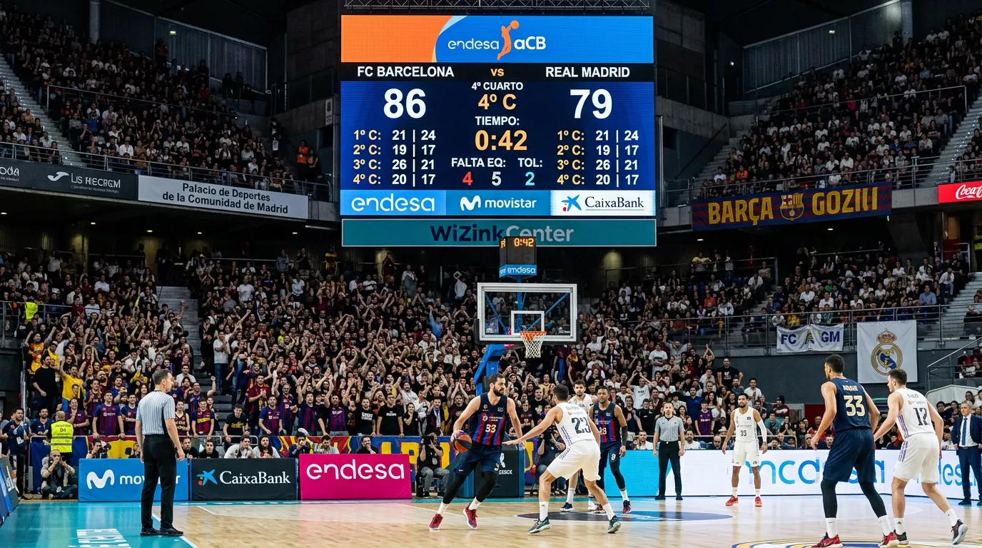 Marcador de baloncesto ACB mostrando los parciales por cuartos durante un partido de la Liga Endesa