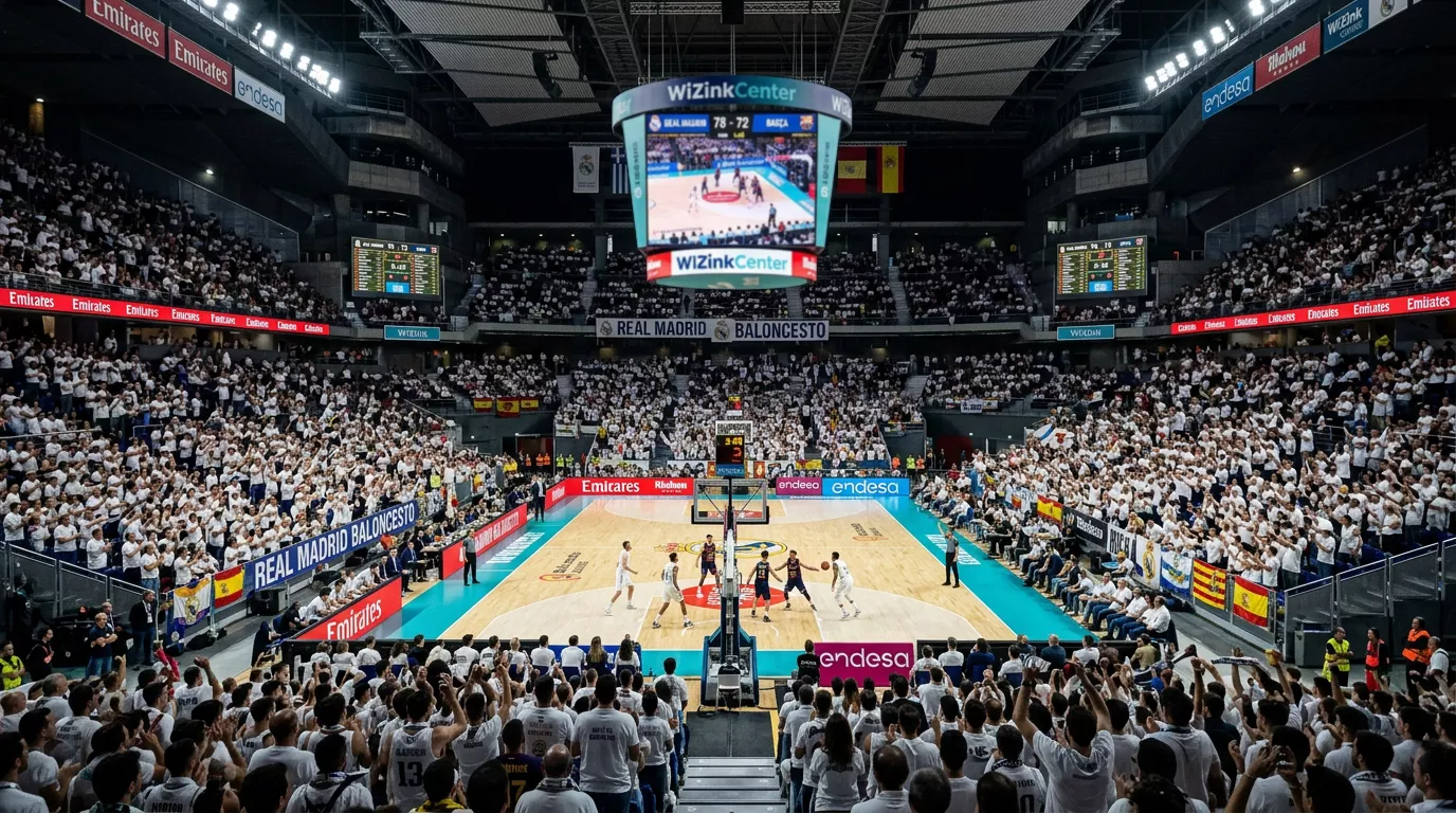 Interior del WiZink Center durante un partido de baloncesto del Real Madrid con las gradas llenas de aficionados
