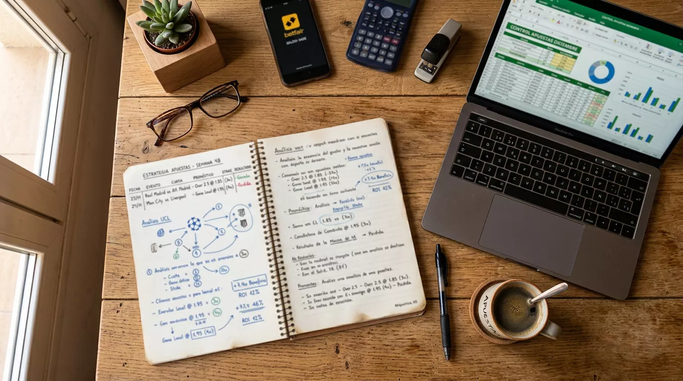 Libreta con anotaciones de gestión de bankroll junto a un portátil mostrando datos de apuestas