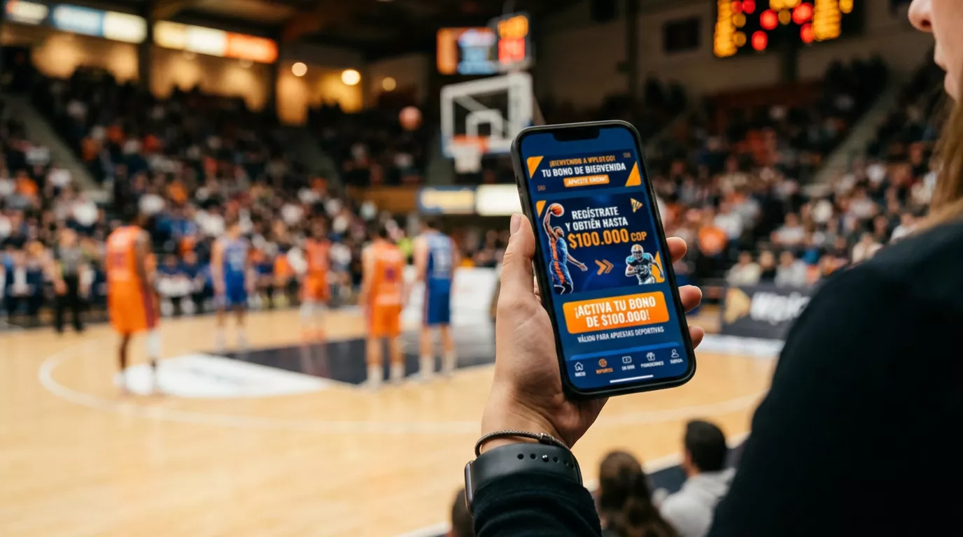 Pantalla de móvil mostrando una promoción de bienvenida de apuestas deportivas de baloncesto