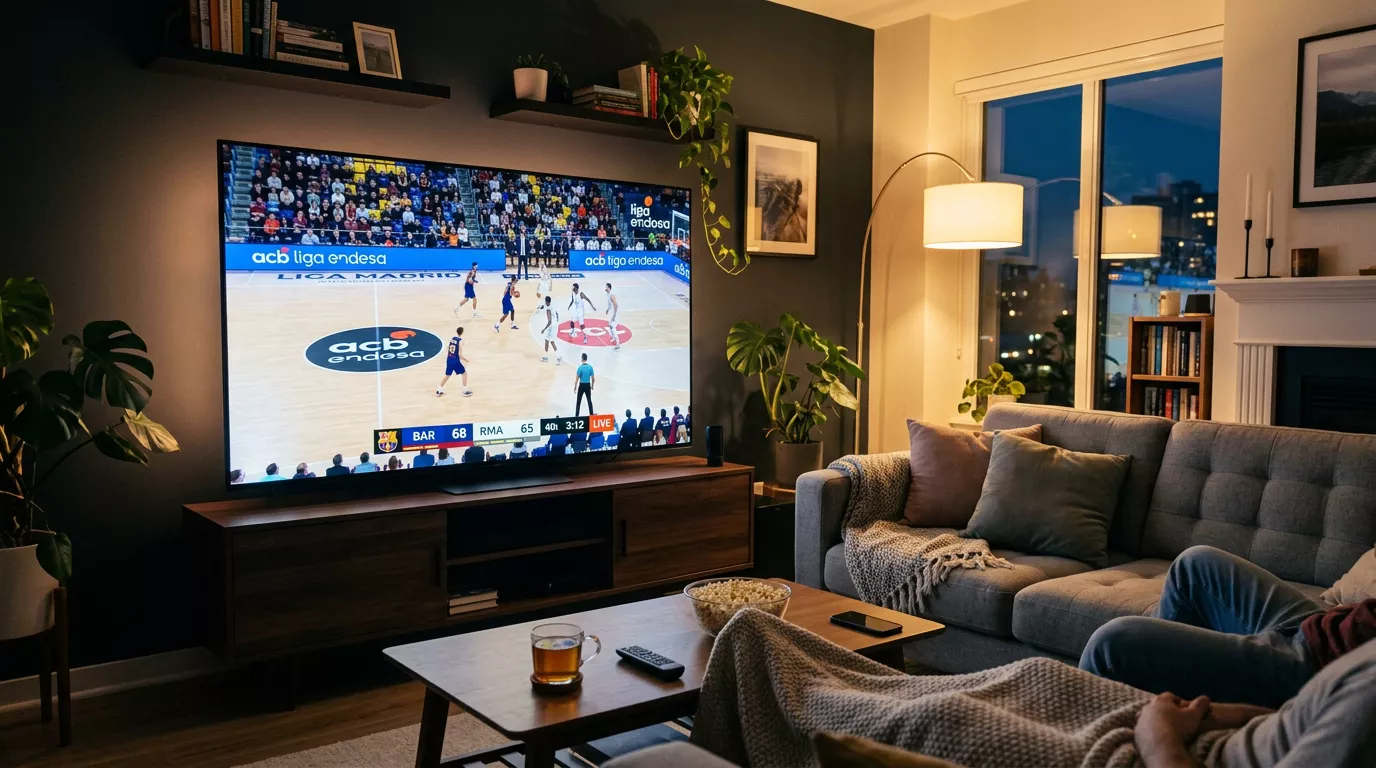 Televisión mostrando la retransmisión de un partido de baloncesto ACB en una sala de estar