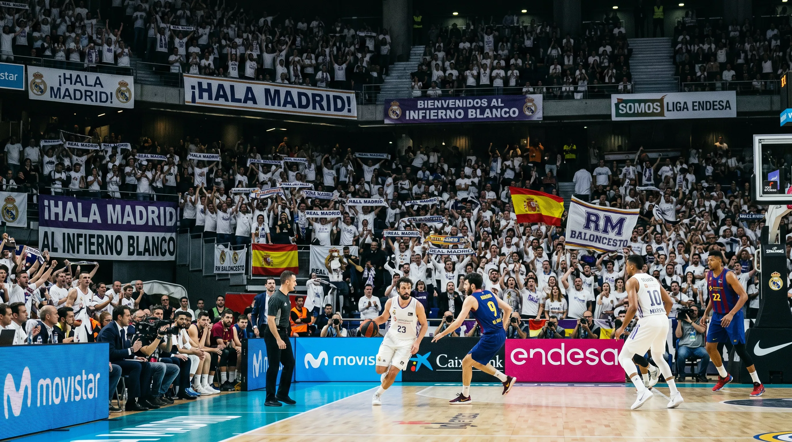 Pabellón de baloncesto ACB lleno de aficionados locales creando un ambiente intenso durante un partido