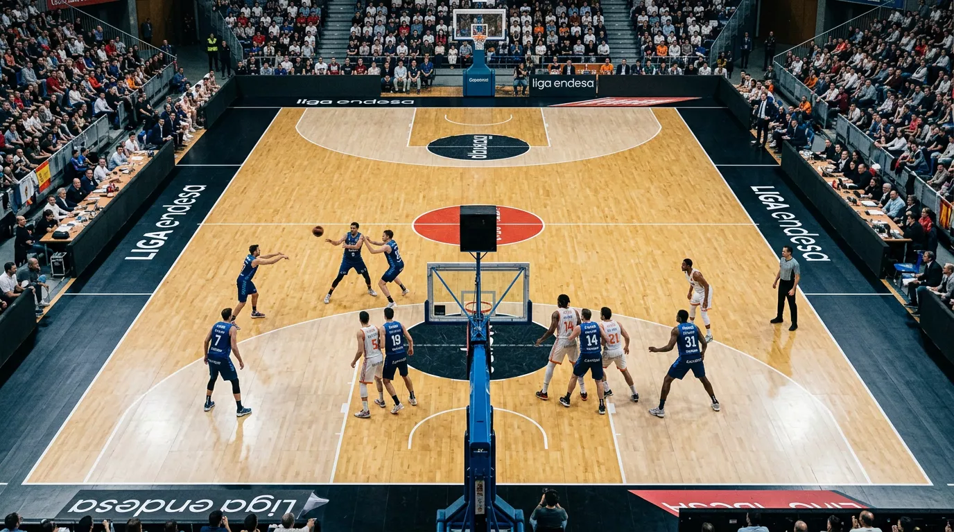 Pabellón de la Liga Endesa con las gradas llenas durante un partido de baloncesto ACB