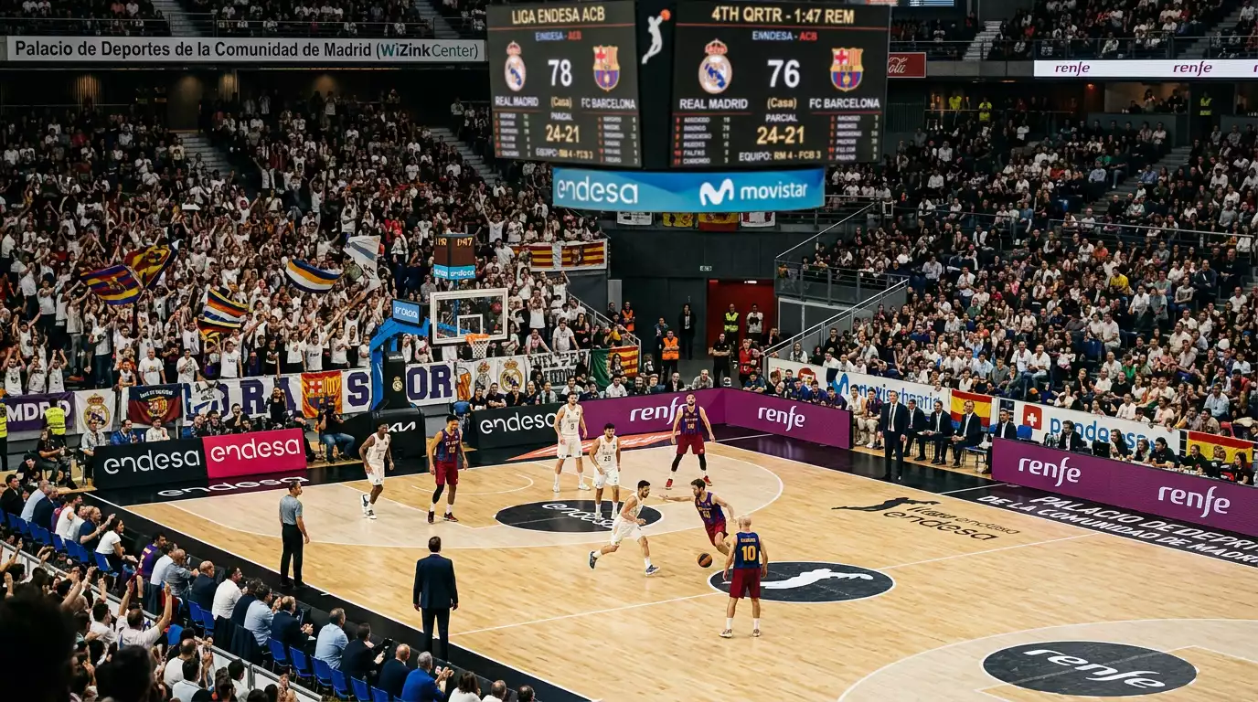 Cancha de baloncesto de la Liga Endesa ACB con marcador electrónico mostrando diferencia de puntos entre dos equipos