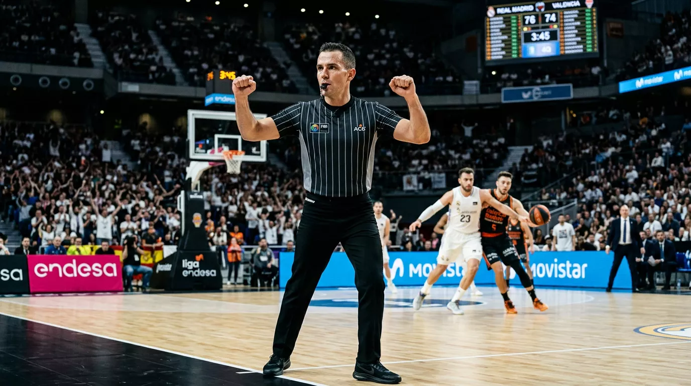 Árbitro de baloncesto ACB con uniforme oficial señalando una decisión durante un partido de la Liga Endesa