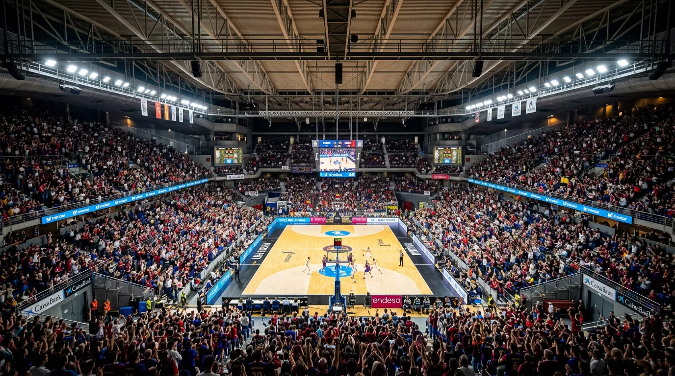 Vista aérea de un pabellón de baloncesto español lleno de espectadores durante un partido de la Liga Endesa