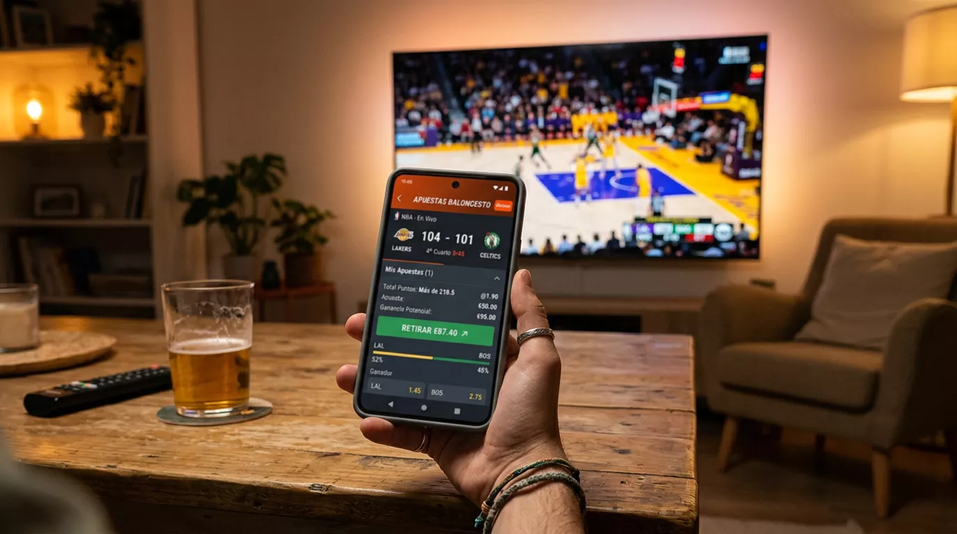 Pantalla de móvil mostrando la opción de pago anticipado en una apuesta de baloncesto en vivo