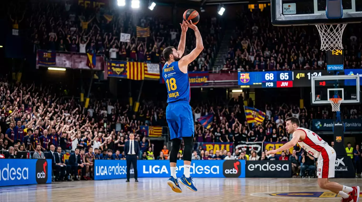 Jugador de baloncesto de la ACB en acción realizando un tiro en suspensión durante un partido de la Liga Endesa