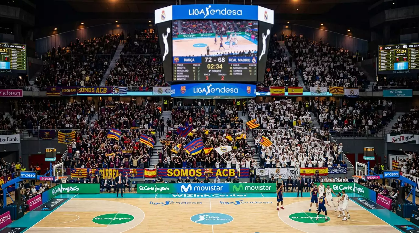 Marcador de un partido de baloncesto ACB mostrando puntuación total alta en un pabellón lleno de espectadores