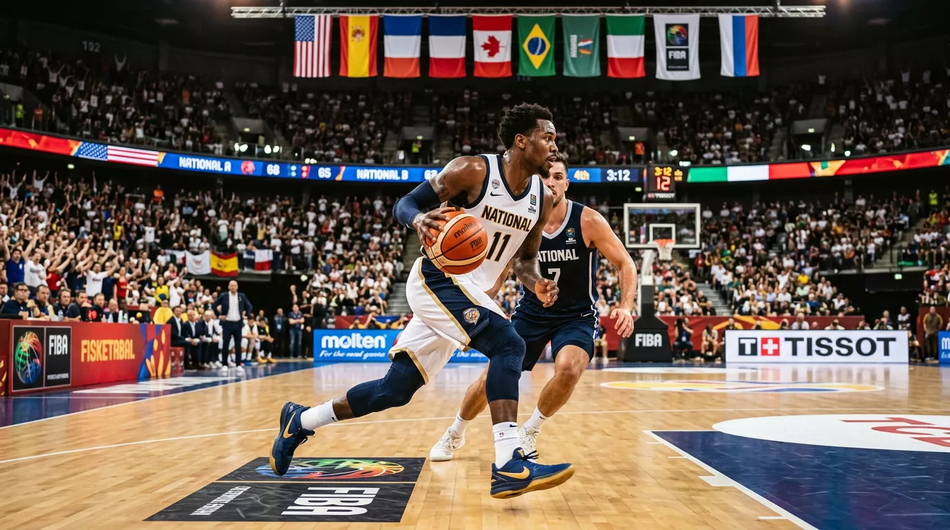 Jugador de selección nacional de baloncesto con camiseta de su país durante una ventana FIBA